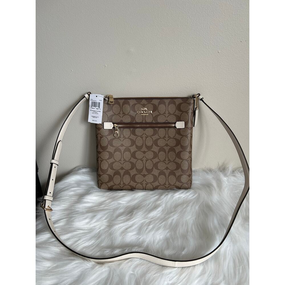 Coach‎ Rowan File Bag Khaki Chalk Signature Canvas Leather Crossbody New